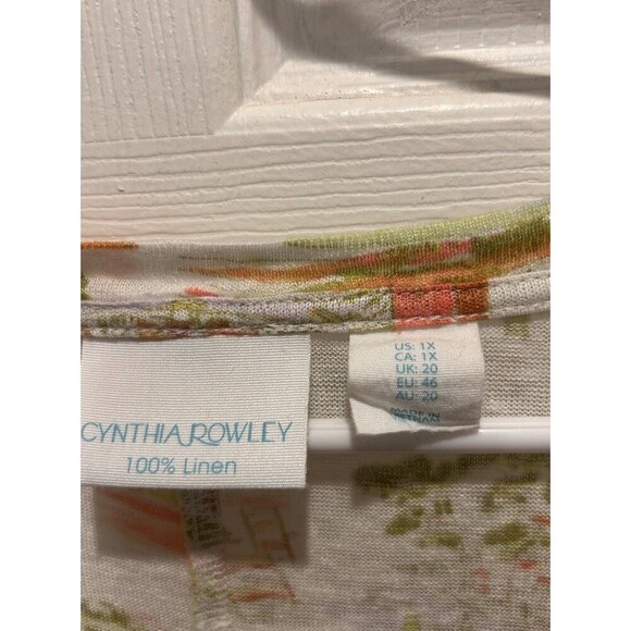 CYNTHIA ROWLEY Size 1X 100% Linen Island Print Top Shirt Beachy Boho - Picture 2 of 5